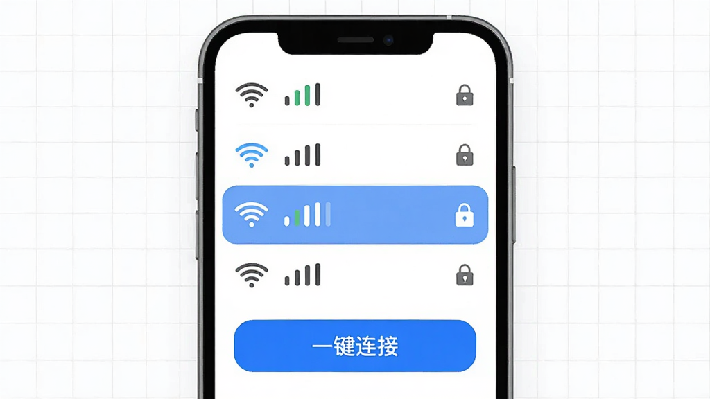 ƽ��WiFi���������ͼ���廭��������һ���ֻ�����Ļ��ʾ�����������WiFi�ȵ��б���ÿ���ȵ��Ա����źŸ��һ��С��ͼ�꣬����һ���ȵ㱻����ѡ�У��·���һ����Ŀ����ɫ��һ�����ӡ���ť�������Ǹɾ��İ�ɫ��ǳ��ɫ���񣬷�񼫼�Ƽ��У����ʸɾ����޶���Ԫ�ء�