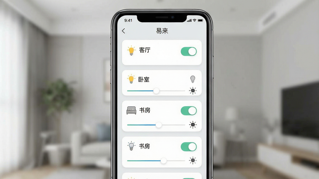 一张展示“易来”App界面功能的手机截图,画面中手机屏幕显示灯光分组管理页面,有客厅、卧室、书房等分组卡片,每个卡片上有对应的灯光开关和亮度调节滑块,背景是浅灰色,界面风格简洁现代,App名称“易来”清晰可见,画质干净,无多余元素