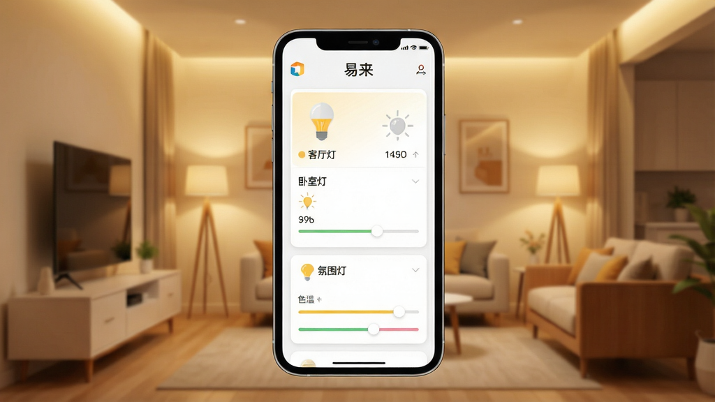一张展示易来App核心界面的全景图,画面中央是手机屏幕,屏幕上显示易来App的主页,顶部有“易来”文字标识,页面以卡片形式展示客厅灯、卧室灯、氛围灯的控制状态,有亮度和色温滑块,背景是温馨的现代家居环境,暖色调灯光,整体风格简洁干净,扁平化设计,画质清晰无多余元素