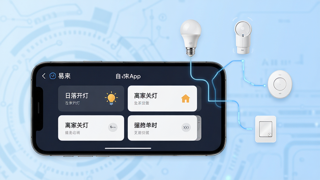 易来App功能展示图,画面中一部手机横屏放置,屏幕显示易来App的自动化场景设置界面,有“日落开灯”“离家关灯”等条件卡片,旁边漂浮着智能灯泡、人体传感器、无线开关等设备图标,用连线表示联动关系,背景是浅蓝色科技感渐变,风格现代简洁,文字标注清晰,画质干净无多余元素