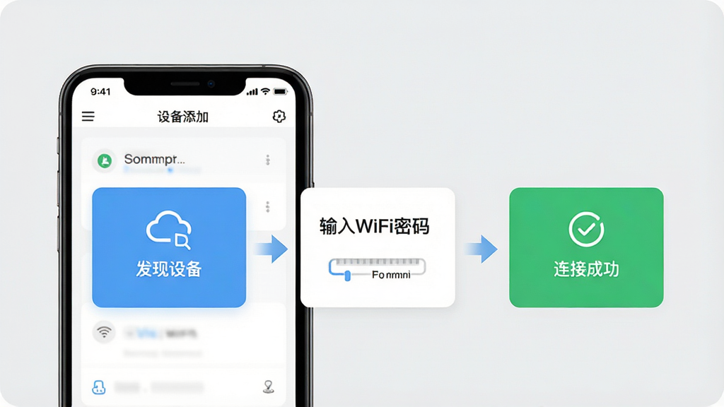 易来App操作指引示意图,画面中一部手机显示易来App的设备添加界面,有“发现设备”“输入WiFi密码”“连接成功”三个步骤卡片,旁边有箭头引导,背景是浅灰色,风格清新简洁,文字标注清晰,画质干净无多余元素