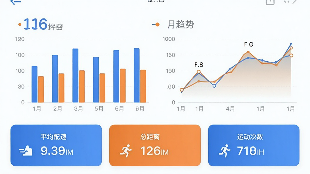 �����˶�App����ͳ��ҳ�棬�ֻ���Ļ��ʾ���˶�������״ͼ������������ͼ��ͼ����ɫΪ��ɫ�ͳ�ɫ���·���ƽ�����١��ܾ��롢�˶���������ͳ�ƿ�Ƭ�����沼������������ִ���ƽ�����ʸɾ��޶���Ԫ��