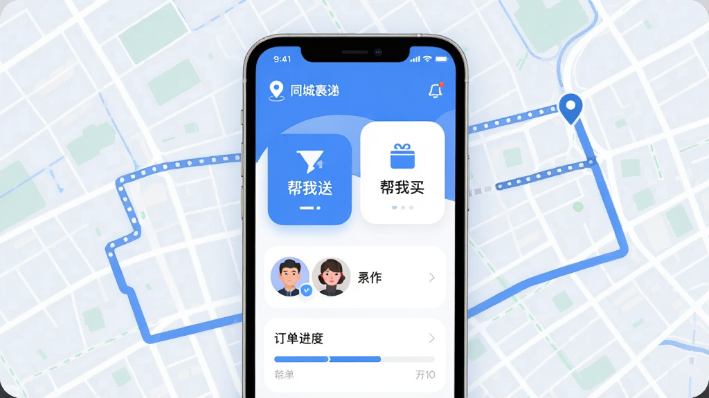 ��С��APP������ȫòչʾ�������������ֻ���Ļ����Ļ����ʾ��С��APP��ҳ��������λ��ʾͬ��λ�ã��м�����Ŀ�ġ������͡��͡������򡱴�ť���·�������ͷ���б��Ͷ����������������ǳ��е�ͼ·��ͼ������ִ���ƽ����������ɫ��ϸ��Բ�󣬻��ʸɾ����壬�޶���Ԫ��
