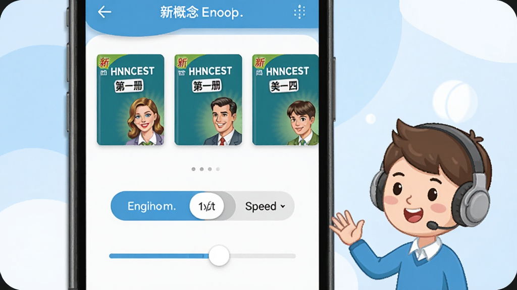 ����չʾ�¸���Ӣ��App�Ľ̲�ͬ�����ܽ��棬�ֻ���Ļ���������¸����һ�ᵽ���Ĳ���鼮����ͼ�꣬�·���Ӣ���������л���ť�����ٵ��ڻ��飬�Ա��и���ͨ������Ŷ����������ģ���������͵�����ɫ������������죬���ʸɾ��޶���Ԫ��