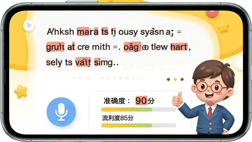 չʾ�¸���Ӣ��App��AI���������ֽ��棬�ֻ���Ļ��ʾһ��Ӣ�Ŀ��ģ��·�����˷�ͼ���������������������ʾ��׼ȷ��90�֡���������85�֡������ֵ��ʱ���죬�Ա��и���ͨ��ʦ���������Ĵָ�������������Ļ�ɫ�Ͱ�ɫ�������ã�ϸ��Բ�󣬻��ʸɾ��޶���Ԫ��