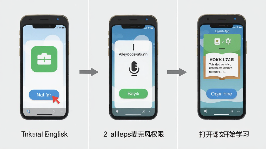չʾ�¸���Ӣ��App���ֻ��ϵİ�װ��ʹ������ͼ�������Ϊ�������裬��һ���ǵ����װ��ť���ڶ�����������˷�Ȩ�ޣ��������Ǵ򿪿��Ŀ�ʼѧϰ��ÿ�����趼��������ͼ�������˵����������ǳ��ɫ������ƽ�������ʸɾ��޶���Ԫ��