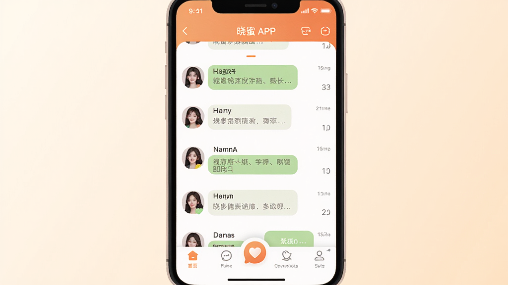 һ��չʾ�����罻�����������Ľ����ͼƬ������Ϊ�ֻ���Ļ����Ļ����ʾ����APP�������б�����͵ײ������������־��У��Ű�����������ִ���ƽ����ϸ��Բ�󣬻��ʸɾ����޶���Ԫ�أ�����Ϊǳɫ���䣬����ɫ����ů�Ѻã�ͻ���罻��Χ��