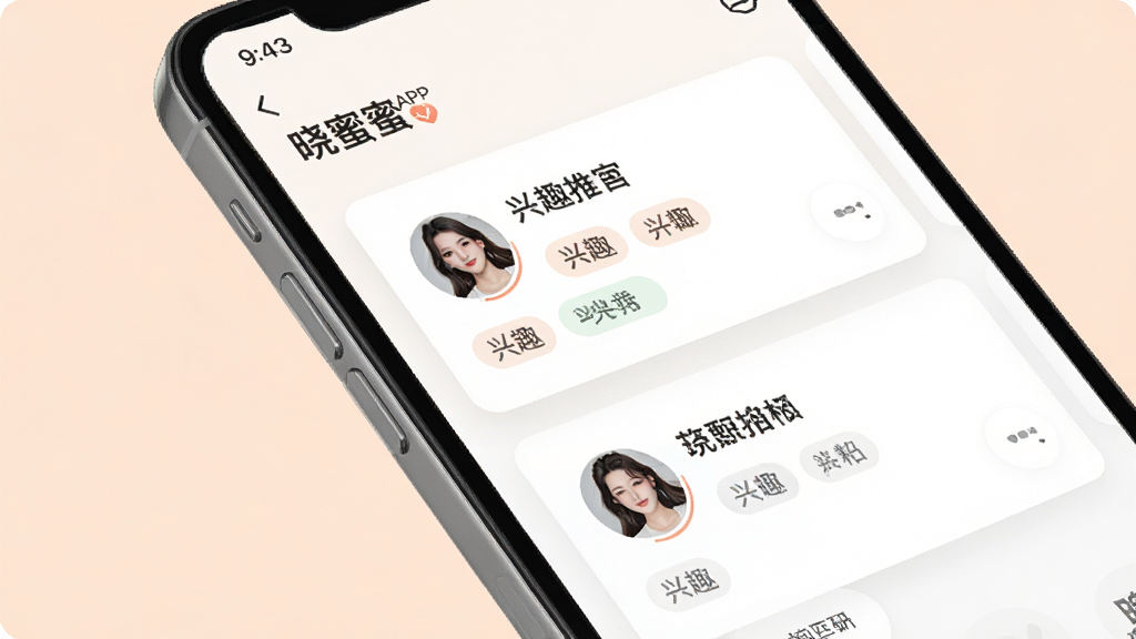 һ��չʾ����APP����ƥ���Ƽ����ܵ�ͼƬ������Ϊ�ֻ���Ļ��д����Ļ����ʾ���۵�ƥ���Ƽ�ҳ�棬���û�ͷ�����Ȥ��ǩ������Ϊ��Ƭʽ�������Ű����룬������¼�Լ��ϸ�ھ��£����ʸɾ����޶���Ԫ�أ�����Ϊ��ʹ�ɫ��