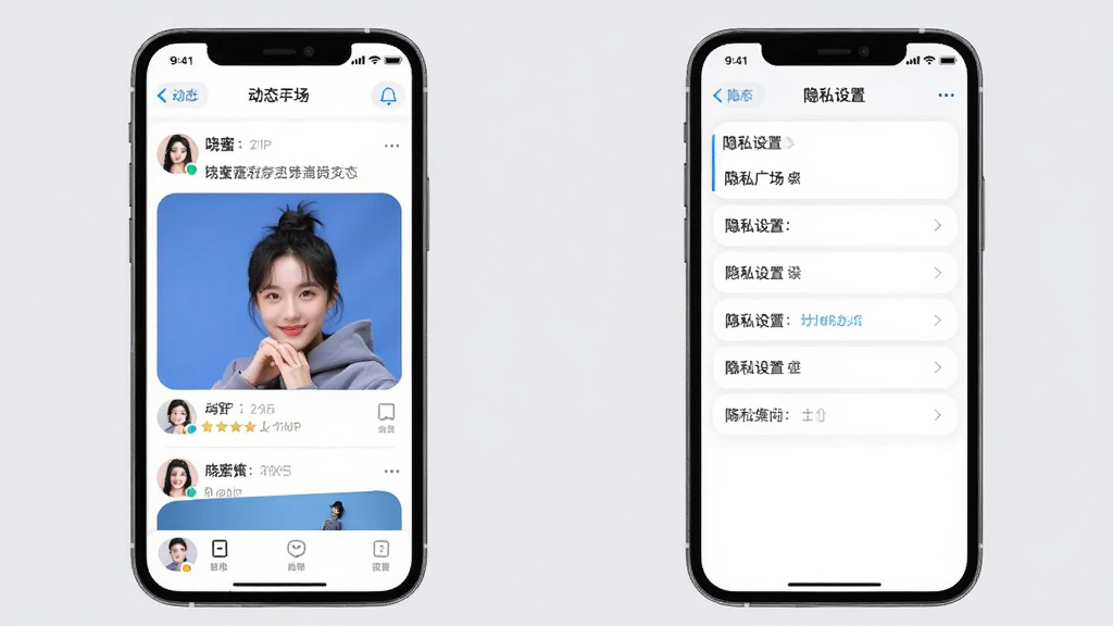 һ��չʾ����APP��̬�㳡����˽���ý����ͼƬ������Ϊ�����ֻ�����չʾ������ֻ���ʾ��̬�㳡��Ϣ�����ұ��ֻ���ʾ��˽����ѡ����ֶԳƣ��Ű�����������ִ���ƽ��ϸ��Բ�󣬻��ʸɾ����޶���Ԫ�أ�����Ϊǳ��ɫ��