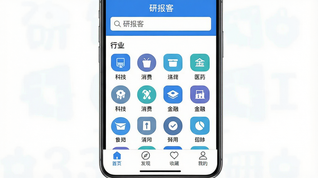 一张手机应用界面截图,画面中央是「研报客」APP首页,顶部搜索栏写着「研报客」,中间是行业分类图标网格,包含科技、消费、医药、金融等标签,底部导航栏有首页、发现、收藏、我的四个选项卡,整体采用蓝白配色,界面干净整洁,风格现代扁平,画质清晰无多余元素