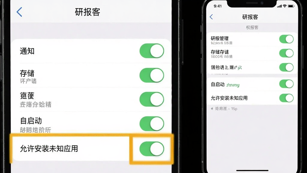 一张手机设置界面截图,画面显示「研报客」APP的权限管理页面,包含存储、通知、自启动等开关选项,其中「允许安装未知应用」开关被高亮标注,背景为白色,风格简洁,画质清晰无多余元素