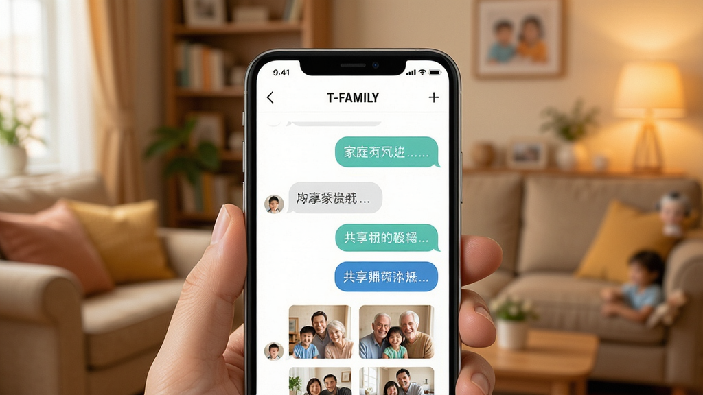 T-FAMILY Ӧ��������չʾ��ͥȺ������͹�����Ṧ�ܣ��ֻ���Ļ����ʾ��ܰ�ļ�ͥ�Ի����ݺ���Ƭ����ͼ��������ůɫ���Ҿӻ���������������ܰ�����������ɾ��޶���Ԫ��