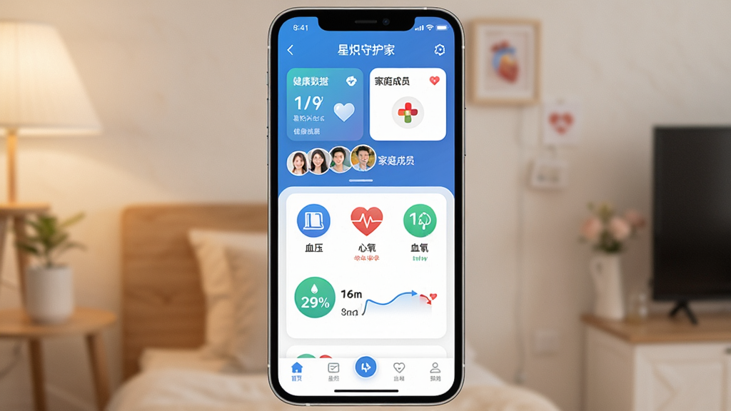 һ��չʾ�ǳ��ػ���App���Ľ�����ֻ�����ͼ�������������ֻ���Ļ����Ļ����ʾ�ǳ��ػ�����ҳ�棬�����н������ݿ�Ƭ�ͼ�ͥ��Աͷ���в���Ѫѹ�����ʡ�Ѫ����ָ��ͼ�꣬�ײ��ǵ����������岼�������������ܰ�ִ���������ɫ�������ʸɾ��޶���Ԫ��