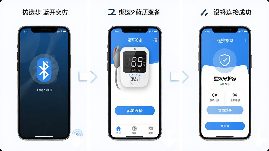 һ��չʾ�ǳ��ػ���App������Ѫѹ�ƵĲ�������ʾ��ͼ�������Ϊ����С���裬��һ�����ֻ��������ڶ������App�ڵ������豸��ť����������ʾ�豸���ӳɹ��������࣬������ɫ�����ʸɾ��޶���Ԫ��