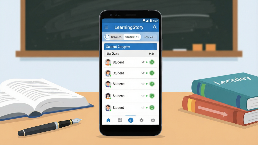 һ��չʾ LearningStory ��ʦ�� ���Ľ���ĳ���ͼ������������һ����׿�ֻ����ֻ���Ļ��������ʾ�������Ŀ��ÿ��ڴ��б�����ҵ������壬��������ɫ�Ͱ�ɫΪ��ɫ�������ַ�Ϊ�����γ��л������в�ѧ��������״̬ͼ�ꡢ�ײ����ܵ�����ť���ֻ���Χɢ���ż����̿����һ֧�ֱʣ������Ǽ��Ľ��Һڰ�Ԫ�أ��������ִ���ƽ�����ʸɾ����������ֱ�ǩ��ȷ���޶�������Ԫ��