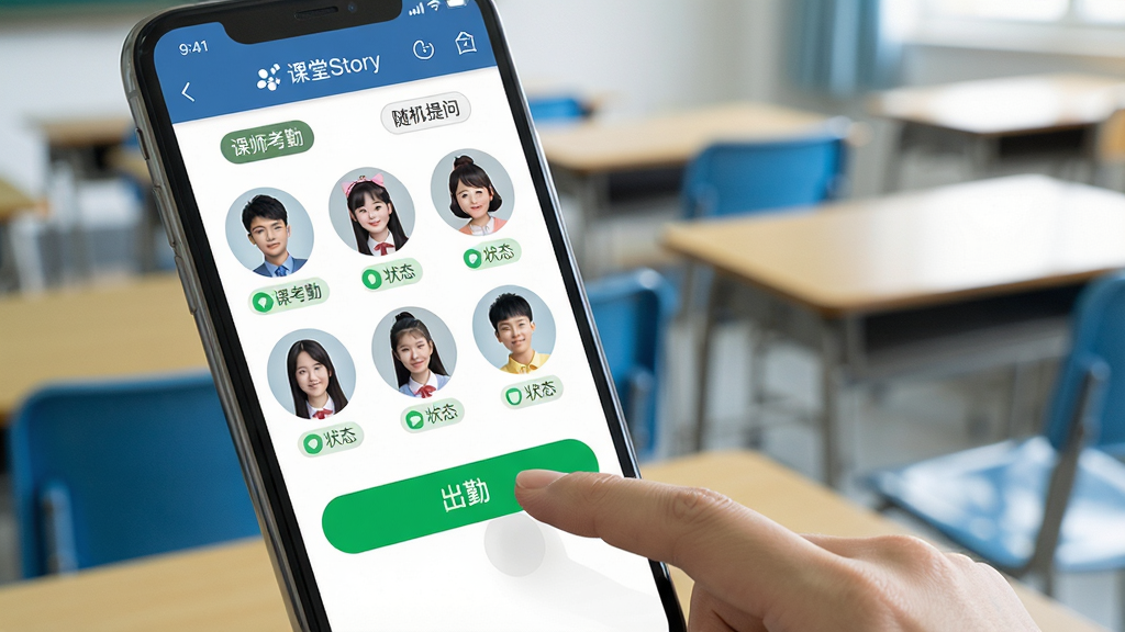 LearningStory ��ʦ�� �Ŀ��ÿ��ڽ�����д���ֻ���Ļ��ʾѧ��ͷ�������״̬��ǩ����������һֻ�����ڵ����Ļ�ϵ���ɫ���ڰ�ť���������黯�Ľ��ҿ����Σ���������죬���ʸɾ�������������ʾ�����ÿ��ڡ���������ʡ��ȱ�ǩ���޶���Ԫ��