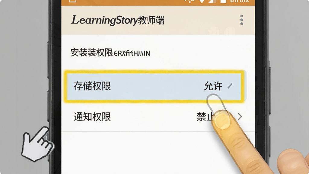 һ��չʾ LearningStory ��ʦ�� ��װȨ�����ý���Ľ�ͼ���ͼƬ���ֻ���Ļ����ʾ��׿ϵͳ��Ȩ�޹���ҳ�棬������ע���洢Ȩ�ޡ��͡�֪ͨȨ�ޡ�����ѡ��Ա�����ָ����Ķ���Ч���������Ǽ��Ļ�ɫ�����������������ֱ�ǩ��ȷ������������ֹ�����޶���Ԫ��