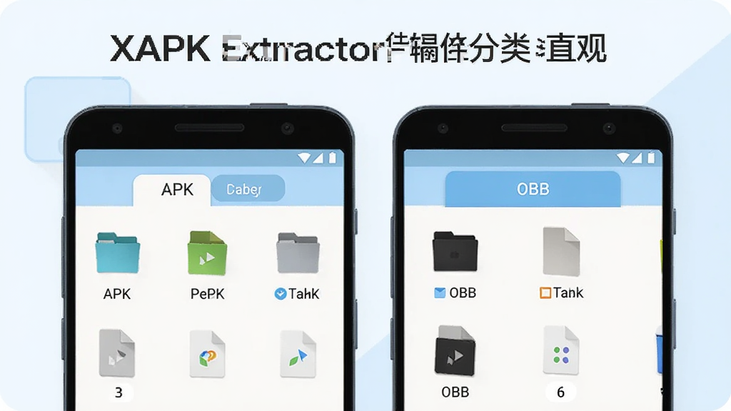 一张展示XAPK提取器文件分类清晰直观功能的图片,画面中一部安卓手机屏幕显示文件分类界面,上面有APK文件夹和OBB文件夹两个分类标签,每个分类下面有对应的文件图标和名称,界面布局整齐,背景是白色和淡蓝色,风格简约,画质干净