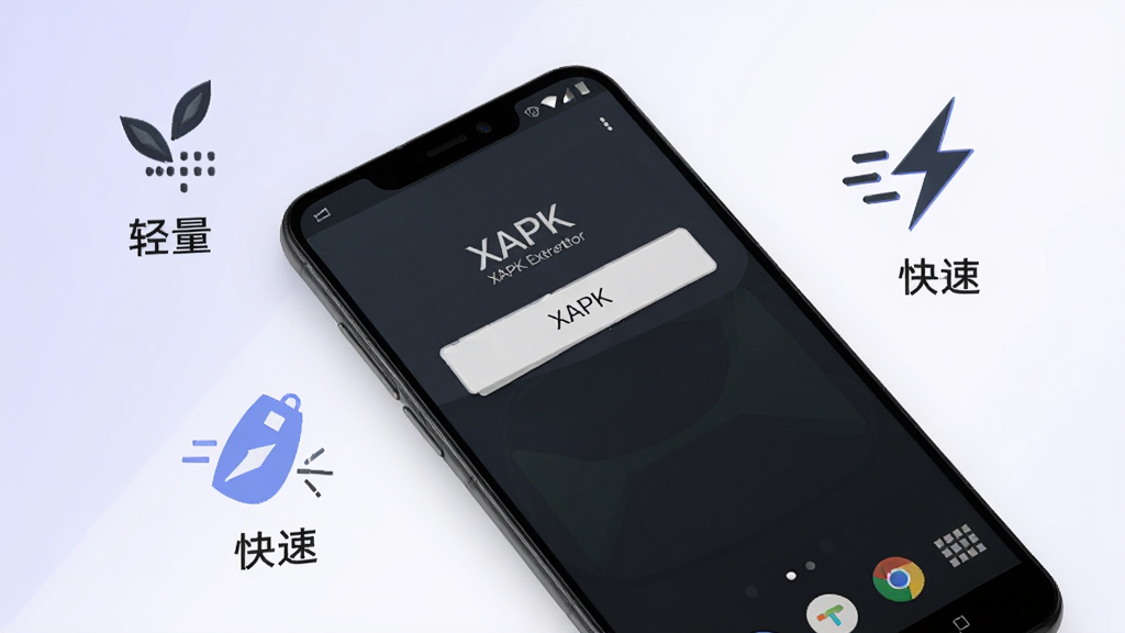 一张展示XAPK提取器轻量无广告体验的图片,画面中一部安卓手机屏幕显示XAPK提取器的主界面,界面干净清爽,没有任何广告横幅或弹窗,手机周围有一些表示
