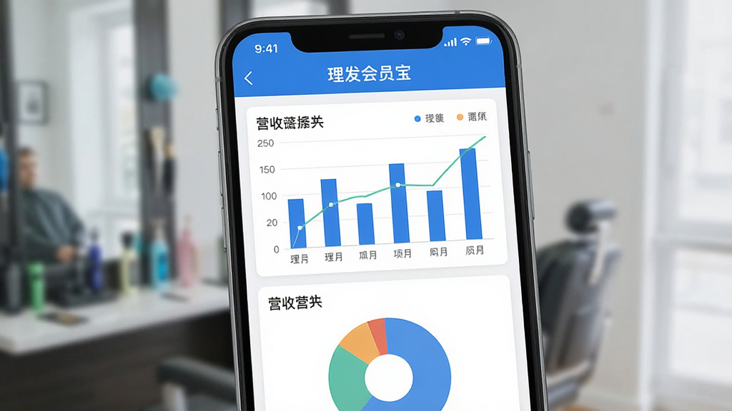 一张展示理发会员宝数据报表功能的手机界面截图,画面中手机屏幕显示着数据统计页面,有柱状图和饼状图展示营收数据,界面设计清晰,蓝白配色,顶部有“理发会员宝”字样,风格现代扁平,画质干净,无多余装饰。