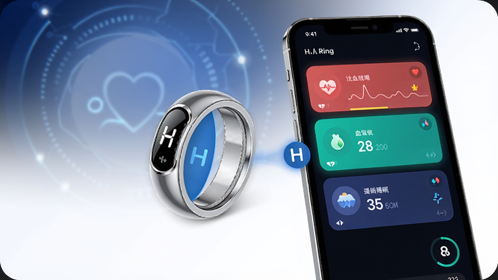 H Ring���ܽ�ָ��������Ӧ�������棬��������չʾһö��ɫ���ܽ�ָ���ֻ���Ļ�������ֻ���Ļ��ʾ���ʡ�Ѫ����˯�����ݿ�Ƭ������Ϊ����ɫ����Ƽ��У�������ִ���ϸ��Բ�󣬻��ʸɾ��޶���Ԫ��