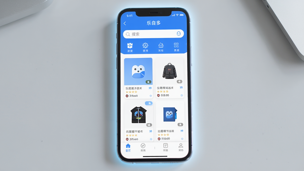 一张手机应用界面截图,画面中央展示“乐自多”软件的主页,顶部有搜索框和分类图标,中间是商品列表卡片,底部是导航栏,整体风格简洁清新,蓝白配色,手机屏幕周围有柔和的光晕,背景是浅灰色桌面,画质清晰,无多余元素