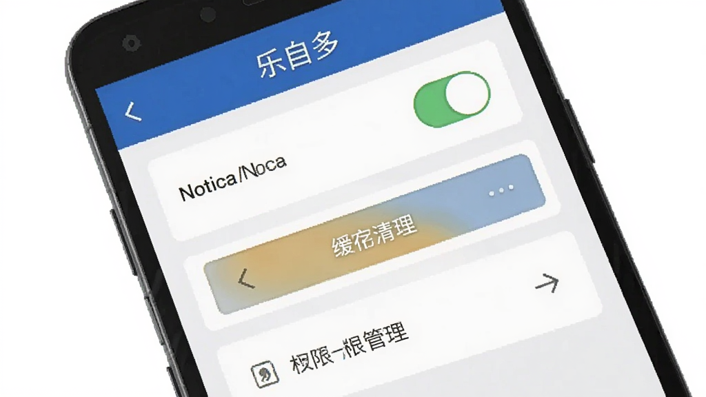 一张AI生成的手机操作示意图,画面中一部手机显示“乐自多”的设置页面,有通知开关、缓存清理按钮、权限管理选项,界面清晰,风格简洁扁平,背景为纯白色,画质干净,无多余装饰