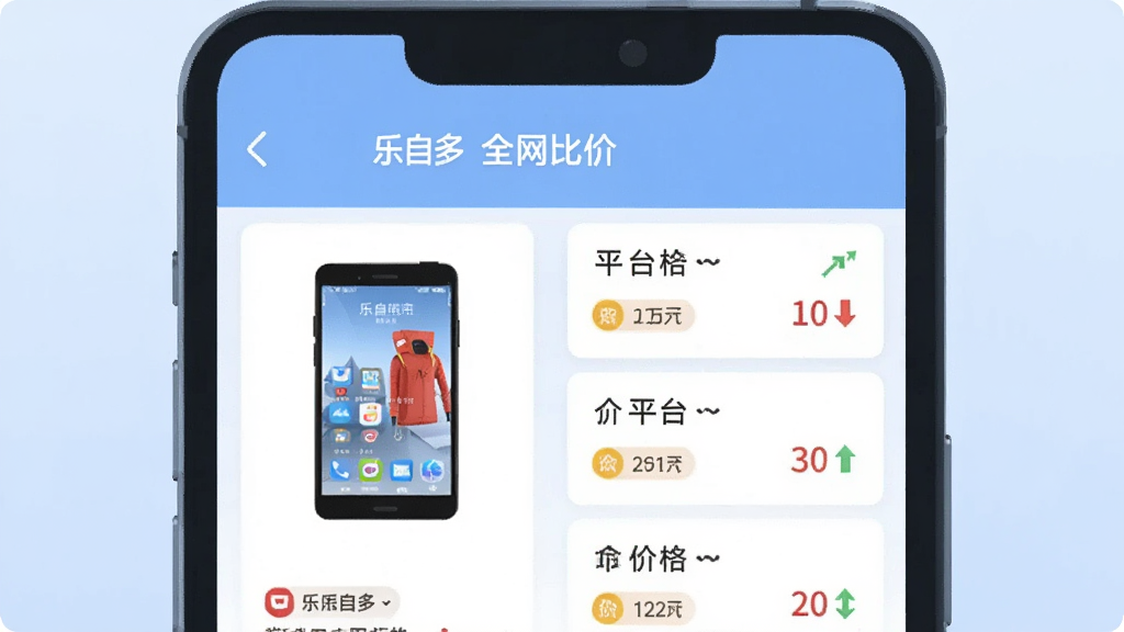 一张AI生成的示意图,画面中一部手机屏幕显示“乐自多”的全网比价界面,左侧是商品图片,右侧是不同平台的价格列表,有上升和下降的箭头图标,背景是简洁的浅蓝色,风格扁平化,画质干净,无多余文字