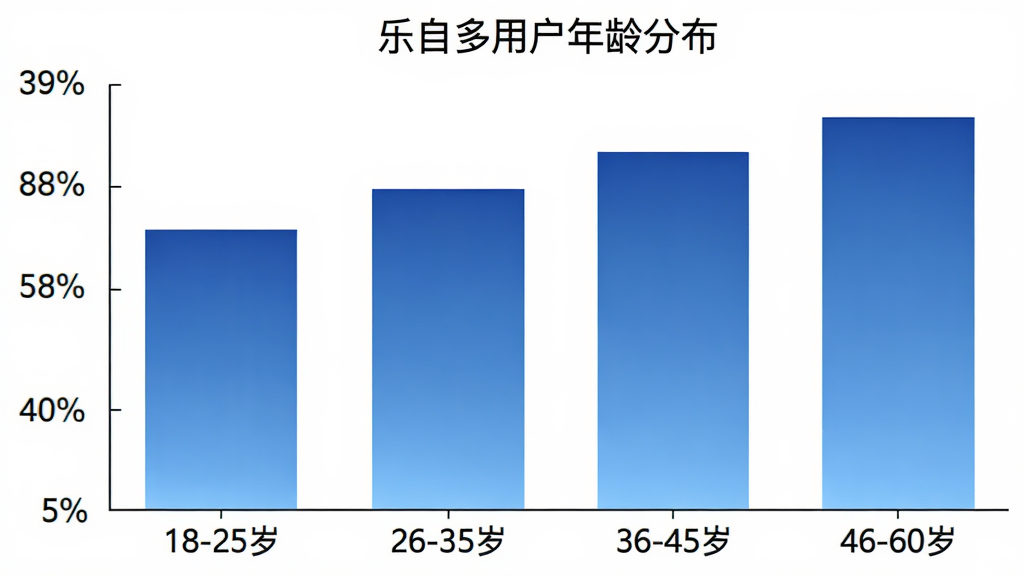 一张柱状图,横轴是年龄分段“18-25岁”“26-35岁”“36-45岁”“46-60岁”,纵轴是用户占比百分比,柱子颜色为蓝色渐变,图表标题为“乐自多用户年龄分布”,背景白色,风格简洁,画质清晰,无多余元素