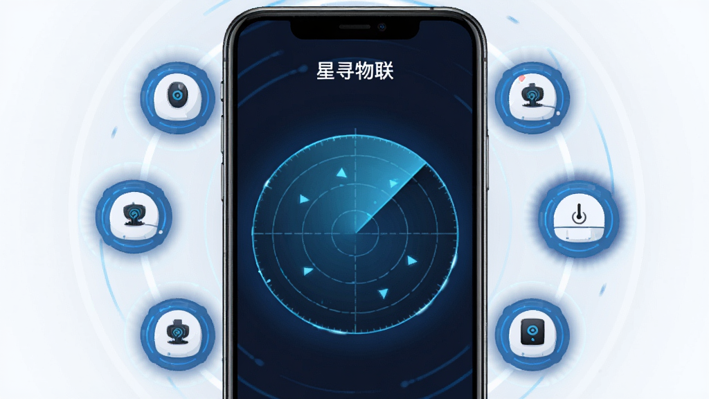 һ��չʾ����Ѱ������App�豸ɨ������ͼƬ������Ϊ�ֻ���Ļ�������������״�ɨ�趯������Χɢ���������豸ͼ�꣬�Ű���Բ����ɢΪ�������Ƽ������ƽ����ϣ�ϸ�ڴ�����ɫ���Σ����ʸɾ����޶���Ԫ�أ�������С���Ѱ����������