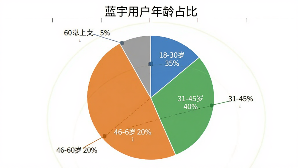 饼状图,展示“蓝宇”用户年龄分布,分为18-30岁35%、31-45岁40%、46-60岁20%、60岁以上5%四个扇区,颜色分别为蓝色、绿色、橙色、灰色,图表标题为“蓝宇用户年龄占比”,布局居中,风格简洁,画质干净无多余元素