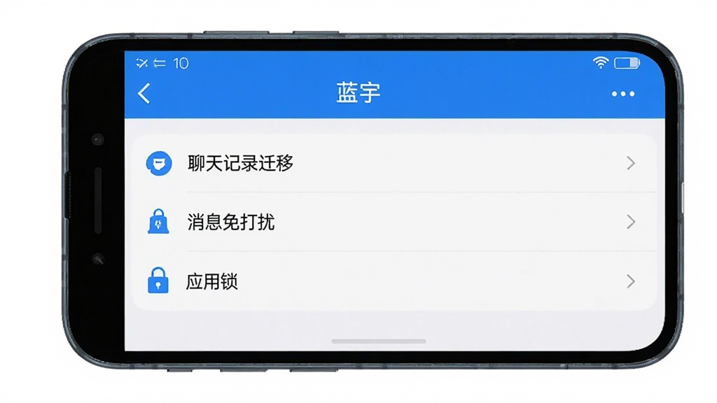 手机屏幕显示“蓝宇”设置界面,列表中包含“聊天记录迁移”“消息免打扰”“应用锁”等选项,界面为蓝白色调,布局清晰,风格简洁现代,画质干净无多余元素