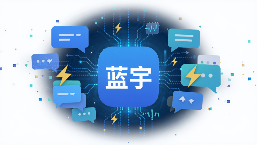 抽象的网络信号传输概念图,画面中央是“蓝宇”应用图标,周围环绕着代表消息的气泡和闪电符号,背景是科技感蓝光,排版居中,风格现代扁平,细节清晰,画质干净无多余元素