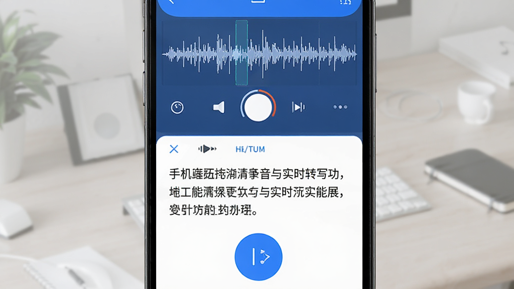 专业手机录音机高清录音与实时转写功能展示,手机屏幕上半部分是录音波形,下半部分是同步生成的文字内容,界面以蓝白为主色调,录音按钮醒目,文字排版清晰,风格简洁现代,画质干净无多余元素