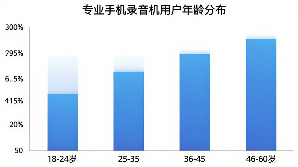 专业手机录音机用户年龄分布柱状图,横轴为18-24岁、25-35岁、36-45岁、46-60岁四个年龄段,纵轴为用户占比百分比,柱状图颜色为蓝色渐变,背景白色,图表标题为专业手机录音机用户年龄分布,风格简洁现代,画质干净无多余元素