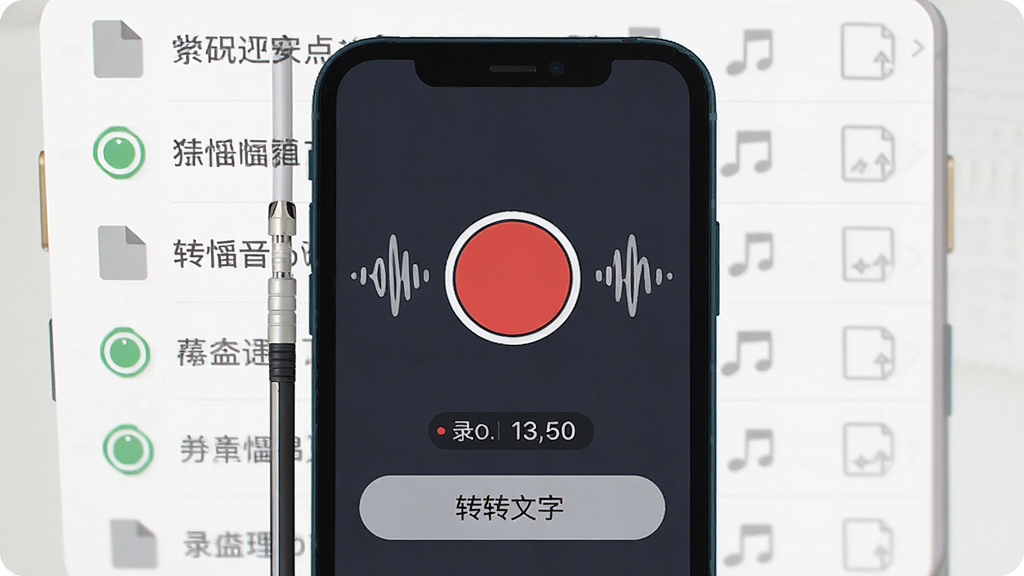 专业手机录音机核心界面展示,一部手机屏幕中央是红色圆形录音按钮,周围环绕声波波形图标,下方显示录音时长和转文字按钮,背景是简洁的录音文件列表,整体布局清晰,风格现代扁平,画质干净,无多余元素