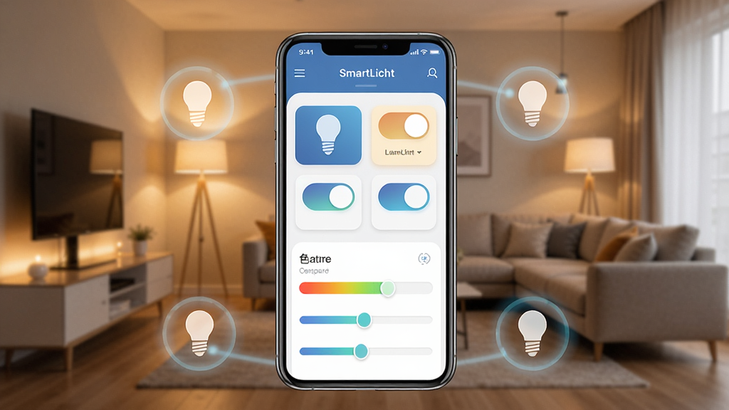一张展示SmartLicht智能照明控制App的界面概念图,画面中央是一部现代智能手机,手机屏幕亮起显示SmartLicht应用主界面,界面中有多个灯具控制开关和色温调节滑块,背景是温馨的现代家居客厅场景,暖色调灯光,手机周围环绕着几个半透明的光晕图标代表智能连接,整体风格简洁科技感,画质干净清晰,无多余元素
