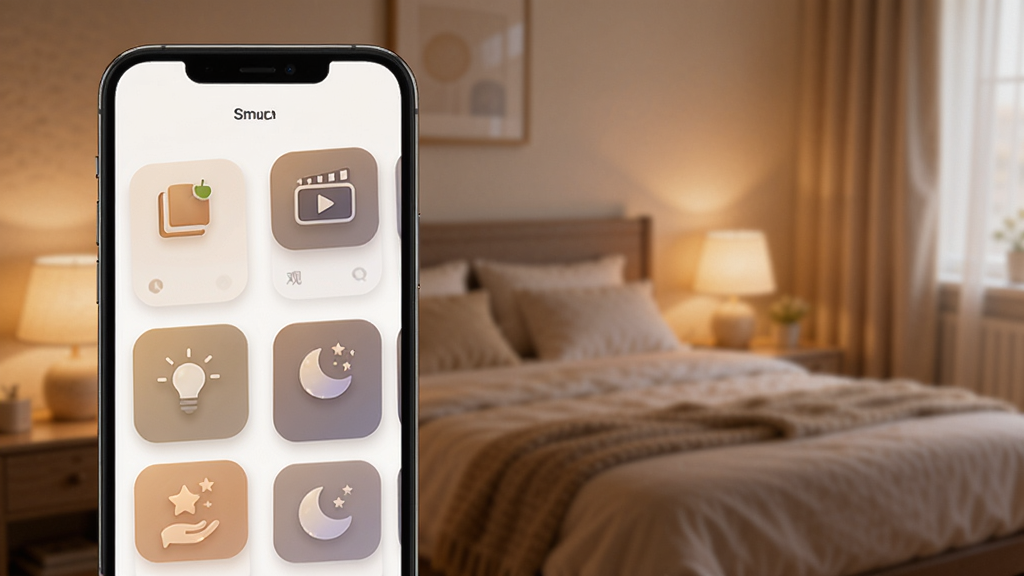 SmartLicht应用内的场景模式选择界面概念图,手机屏幕显示多个场景卡片以网格排列,包括阅读、观影、睡眠等模式图标,背景是模糊的温馨卧室环境,灯光柔和,卡片设计圆润现代,色调温暖舒适,画质干净无多余元素