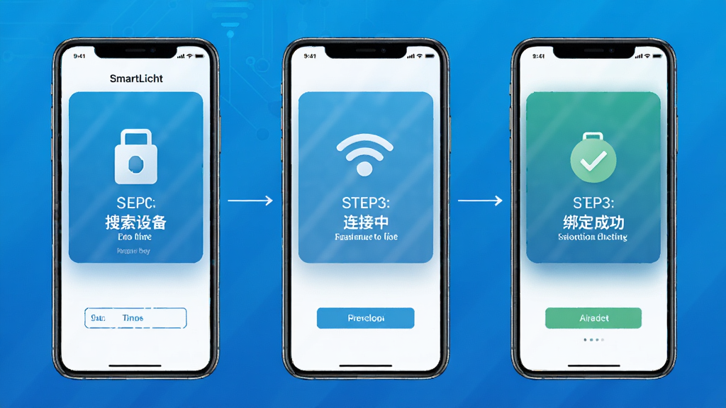 SmartLicht应用配网操作流程示意图,手机屏幕显示搜索设备、连接中、绑定成功三个步骤的界面截图风格,背景是简洁的科技蓝渐变,图标清晰,文字标注明确,整体干净利落,画质清晰无多余元素