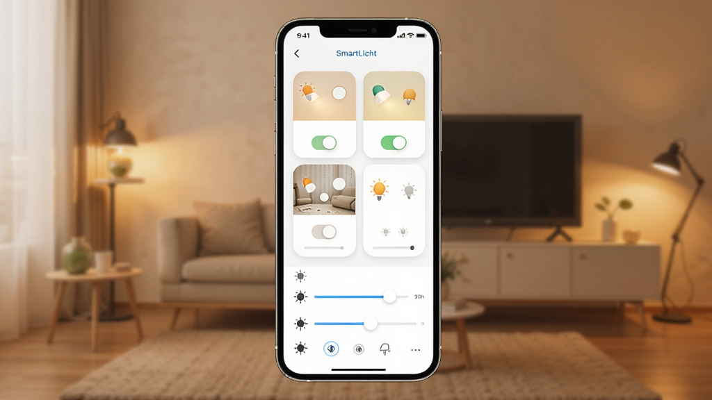 一张展示SmartLicht App主界面的手机样机图,手机屏幕显示智能灯光控制面板,有多个灯光开关卡片和亮度调节滑块,背景是温馨的居家客厅环境,暖色调灯光氛围,画面干净整洁,风格现代简约,画质清晰无多余元素