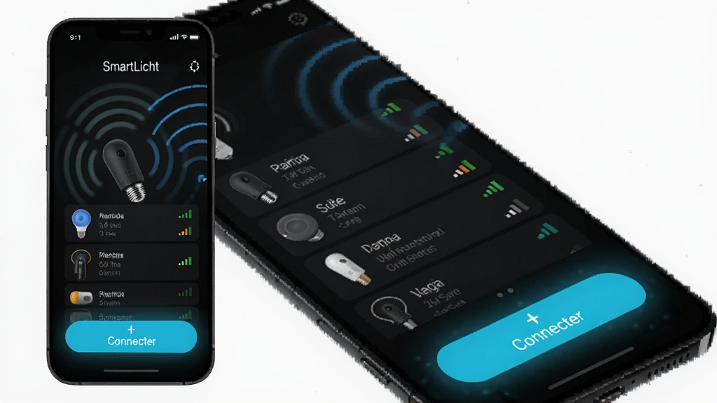 SmartLicht App的极速连接功能展示图,手机屏幕显示正在扫描附近智能灯光设备,列表中出现多个设备名称和信号强度图标,界面以深色背景为主,高亮显示连接按钮,风格科技感十足,画质干净无多余元素