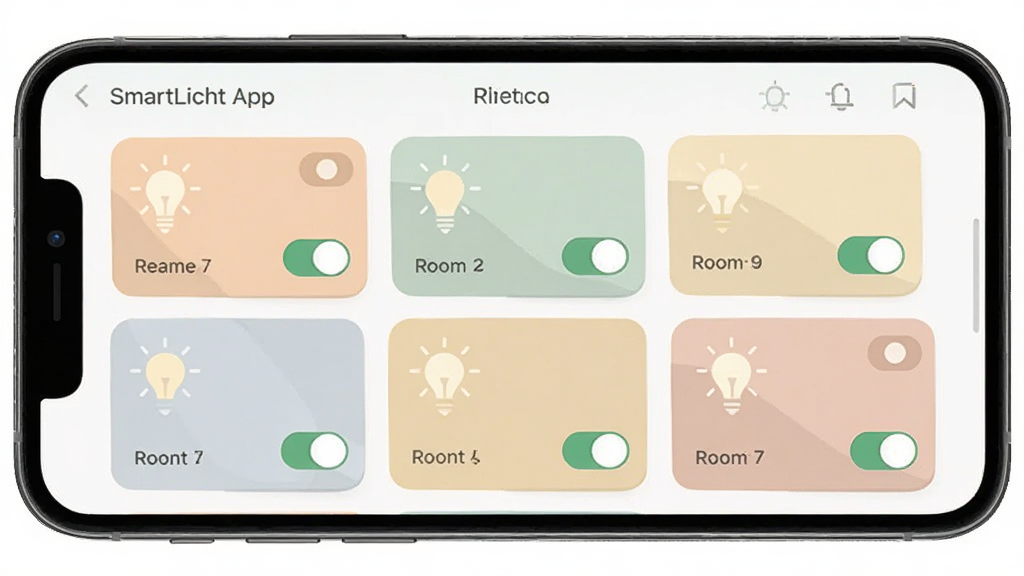 SmartLicht App的设备分组管理界面,手机屏幕显示多个房间分组卡片,每个卡片内有灯光图标和开关状态,界面布局整齐,配色柔和,风格居家实用,画质干净无多余元素