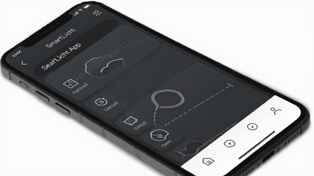 SmartLicht App的整体界面设计展示图,手机屏幕显示主控制台和底部导航栏,界面以深灰和白色为主,图标线条简约,无任何广告横幅,风格极简现代,画质干净无多余元素