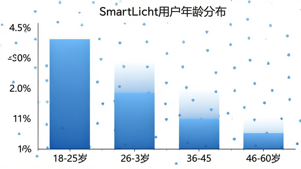 一张柱状图展示SmartLicht用户年龄分布,横轴为年龄段18-25岁、26-35岁、36-45岁、46-60岁,纵轴为用户占比百分比,柱状图颜色为蓝色渐变,图表标题为“SmartLicht用户年龄分布”,背景白色,风格简洁清晰,画质干净无多余元素