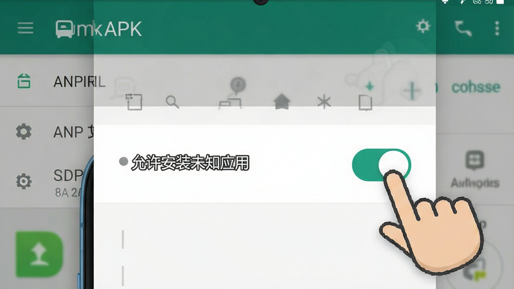 一张展示手机安装APK文件时权限设置界面的示意图,画面中有“允许安装未知应用”的开关按钮,旁边有手指点击的图标,背景是安卓系统设置界面风格,色彩清晰,画质干净无多余元素