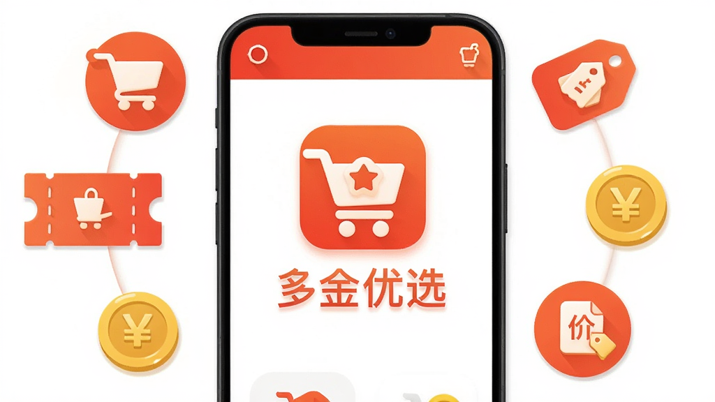 �����ѡApp������չʾ���ֻ���Ļ������ʾӦ��Logo�����ơ������ѡ������Χ���ƹ��ﳵ���Ż�ȯ����ҡ��ȼ۱�ǩ��ͼ��Ԫ�أ����岼�ּ�����죬���óȺ�ɫ���ɫΪ��ɫ������ƽ����Ʒ��ϸ��Բ�󣬻��ʸɾ��������޶���Ԫ��