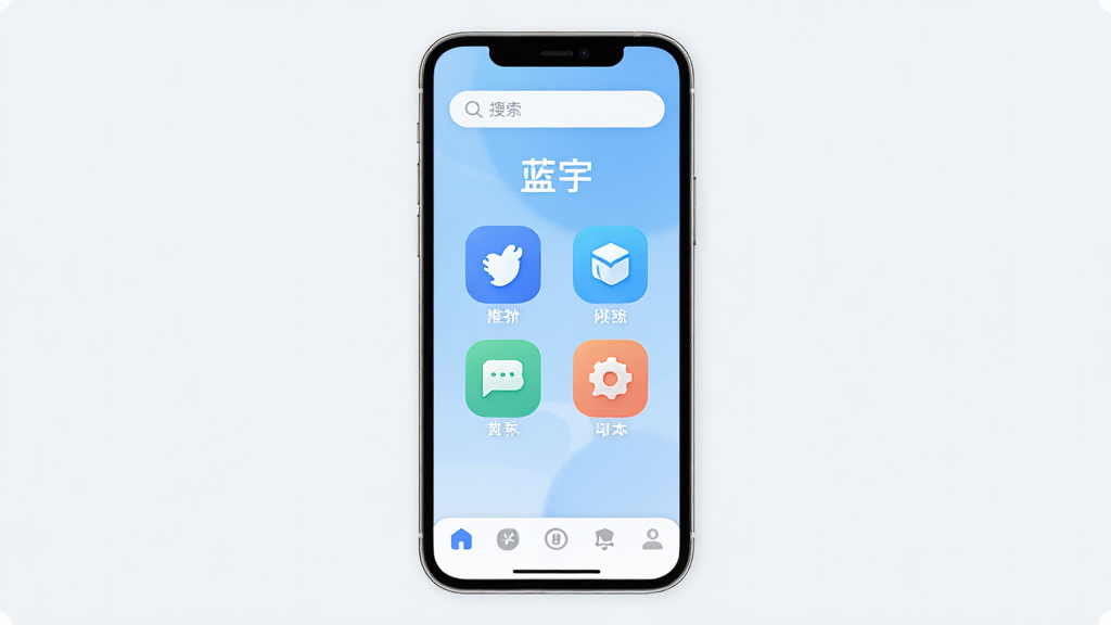 手机屏幕中央显示“蓝宇”应用主界面,浅蓝色渐变背景,顶部有搜索栏,中间排列着几个圆角功能图标,底部导航栏清晰,整体风格简洁清爽,扁平化设计,细节圆润,画质干净,无多余元素