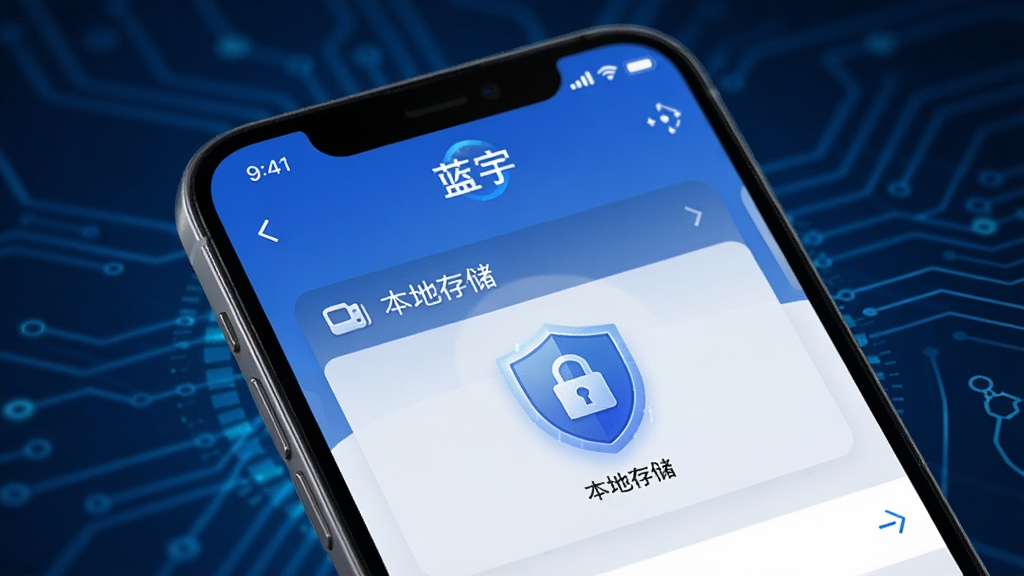 一部手机屏幕显示“蓝宇”应用的数据管理界面,有“本地存储”字样和一个盾牌图标,背景为深蓝色科技感风格,画面简洁,突出安全隐私概念,画质干净,无多余元素