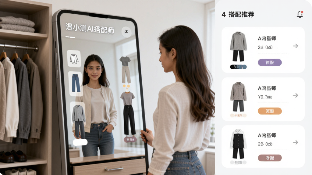 ��С��AI����ʦ �ֻ�Ӧ�ý���չʾ ����Ϊһλ����Ů��վ�����ܴ��¾�ǰ ������ʾAI���ɵĶ��ִ���� ����Ϊ����¹� �м����� �Ҳ�����Ƽ��б� �Ű����� ����ִ���Լ ϸ�ڰ�������ͼ���ɫ�ʱ�ǩ ���ʸɾ� �޶���Ԫ��