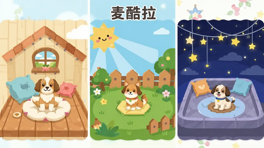 ���������װ�ν��棬չʾ���ֲ�ͬ���ĳ��﷿�䣺��ܰС����ľ�ʵذ�����棬����ͥԺ�в�ƺ��դ�����ǿ�¶̨������ҹ�պ����ǵƣ�ÿ�䷿�ﶼ��һֻ��ͨ�����ƽ�廭���ɫ�ʺ�г�����ʸɾ����޶���Ԫ��